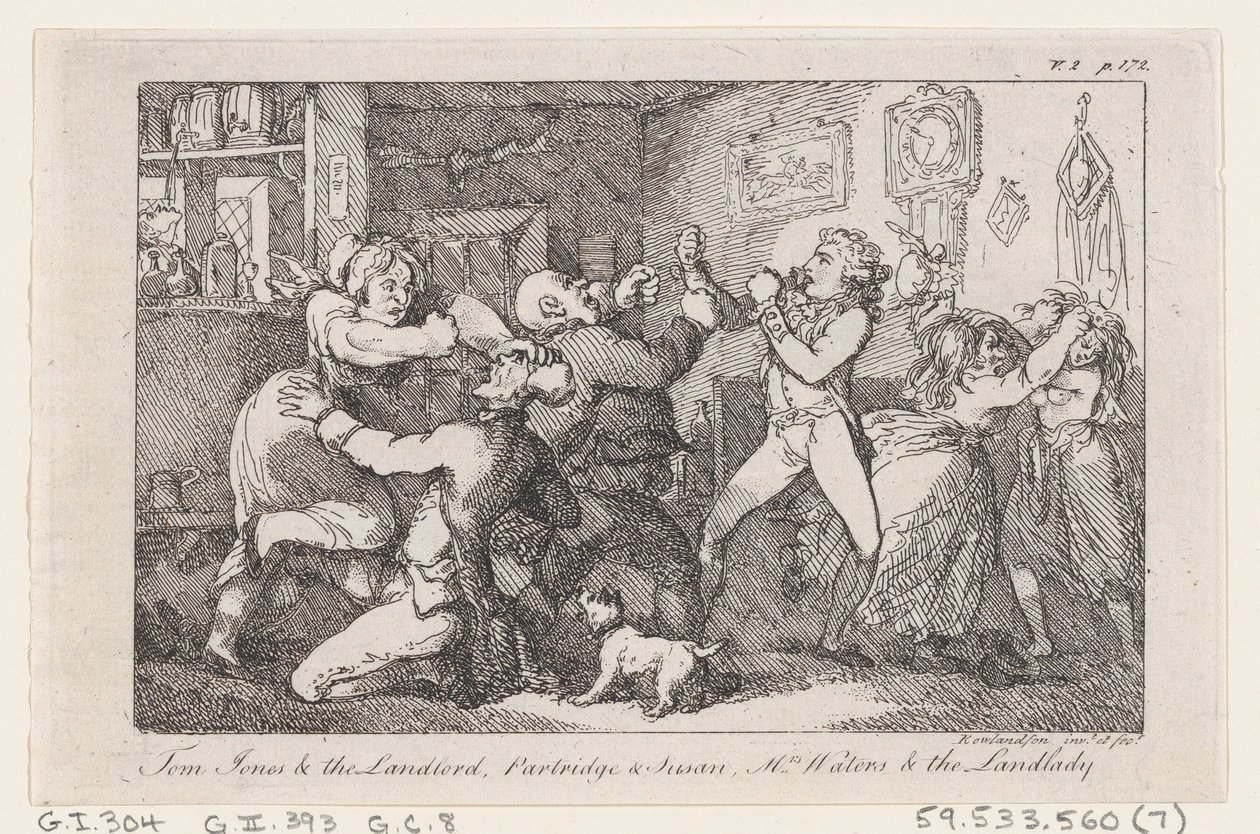 Tom Jones & the Landlord, Partridge & Susan, Mrs Waters & the Landlady, de The History ..., 1792. finlandès tekijältä Thomas Rowlandson