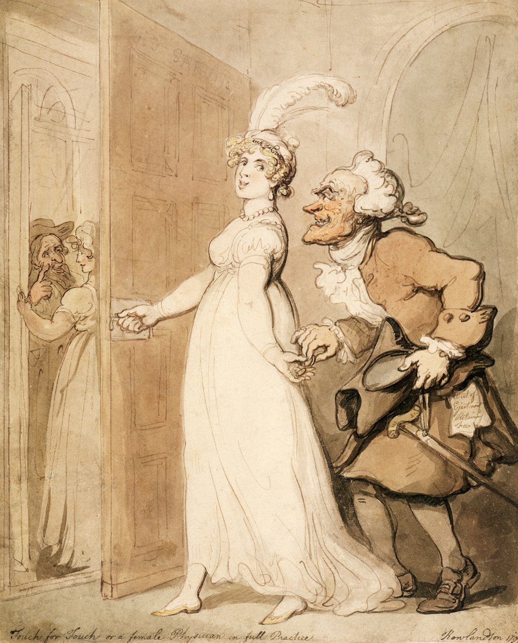 "Touch for Touch eli naislääkäri täydessä harjoittelussa", 1790-luku tekijältä Thomas Rowlandson