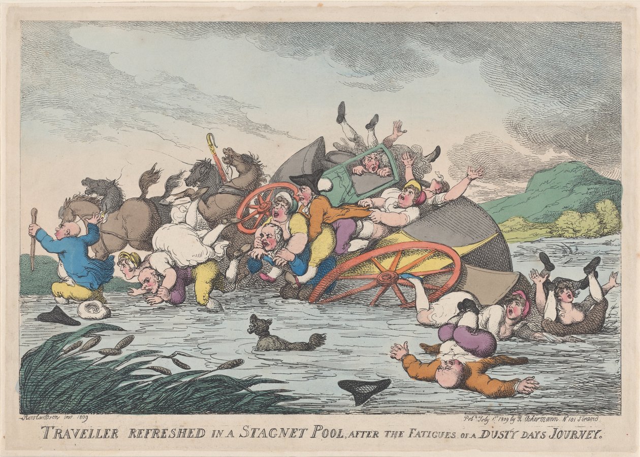 Matkustaja virkistyi Stagnet [sic] -altaassa pölyisen väsymyksen jälkeen..., 1. helmikuuta 1809. tekijältä Thomas Rowlandson