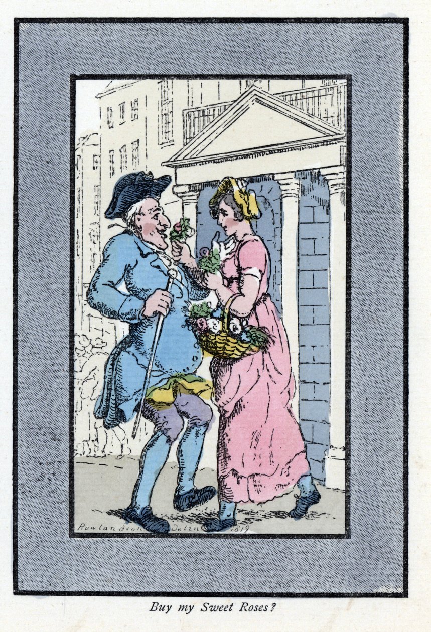 Matkustava kukkakauppias, lähestyy hymyilevää herraa pienellä ruusukimppulla (1819). Puukaiverrus, joka perustuu Thomas Rowlandsonin (1756-1827) maalaukseen, julkaistu The Cris of London -lehdessä: kuusi viehättävää lasta ja lähes 40 kuvitusta, b. tekijältä Thomas Rowlandson