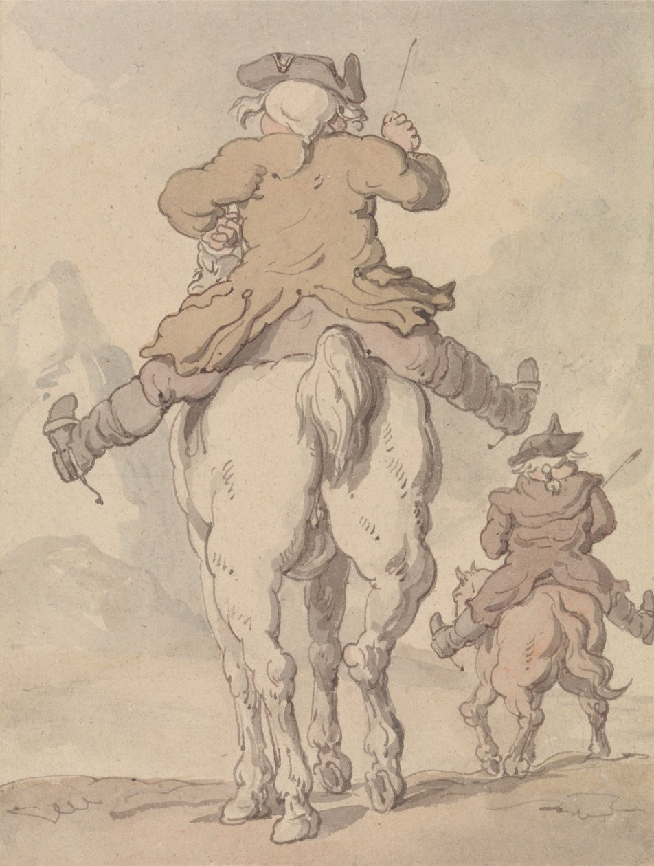 Kaksi miestä hevosen selässä, nähtynä takaapäin tekijältä Thomas Rowlandson