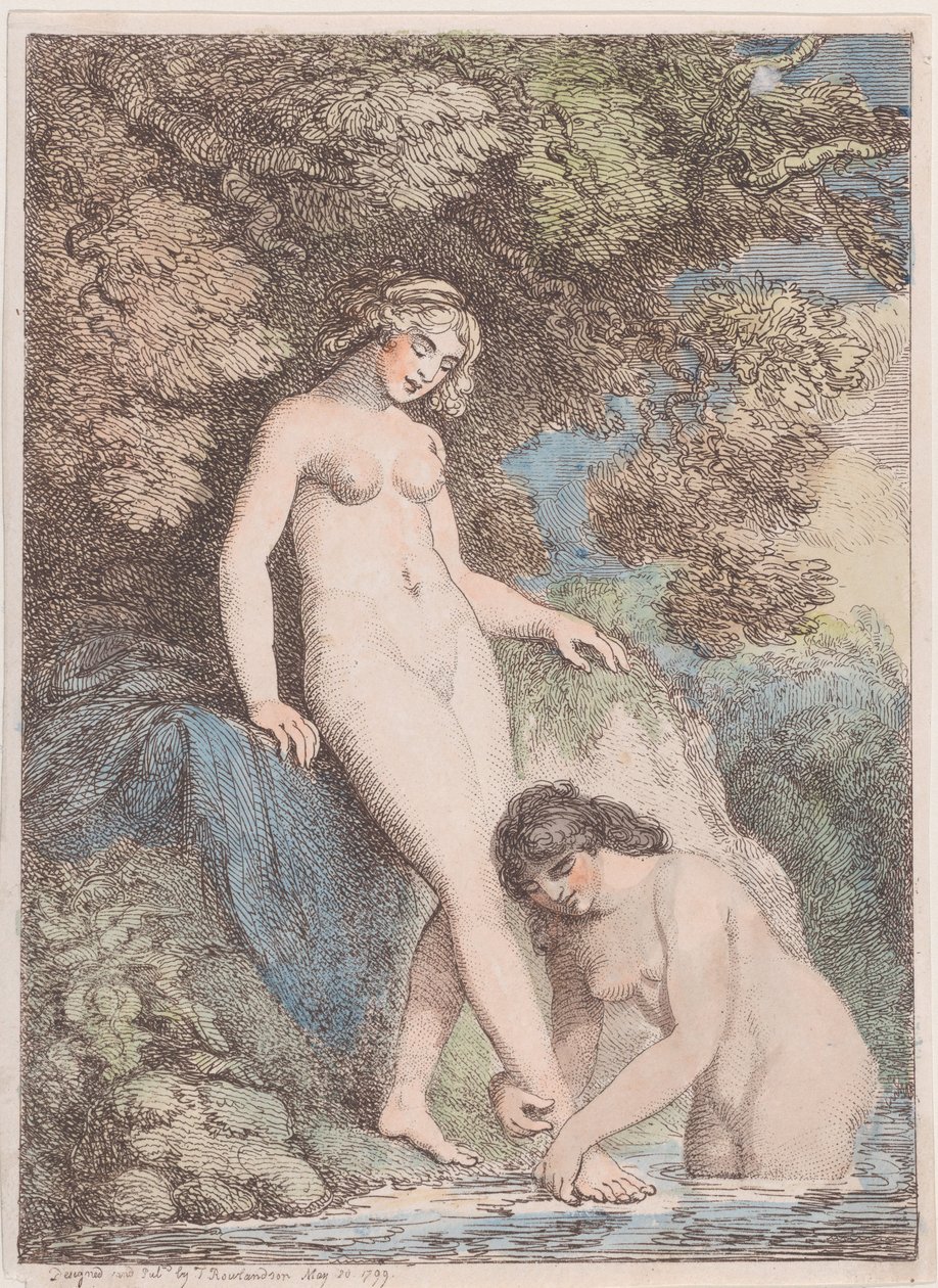 Kaksi nymfiä kylpemässä, toinen pesemässä toisen jalkaa, 20. toukokuuta 1799, 20. toukokuuta 1799. tekijältä Thomas Rowlandson