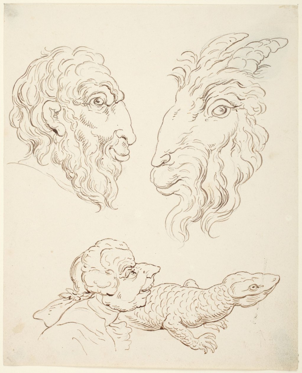 Kaksi karikatyyriä: mies ja vuohi, mies ja lisko tekijältä Thomas Rowlandson