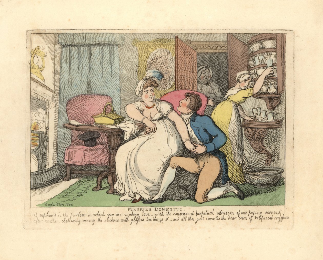 Kaksi rakastajaa salissa, joita uteliaita piikoja häiritsevät. tekijältä Thomas Rowlandson
