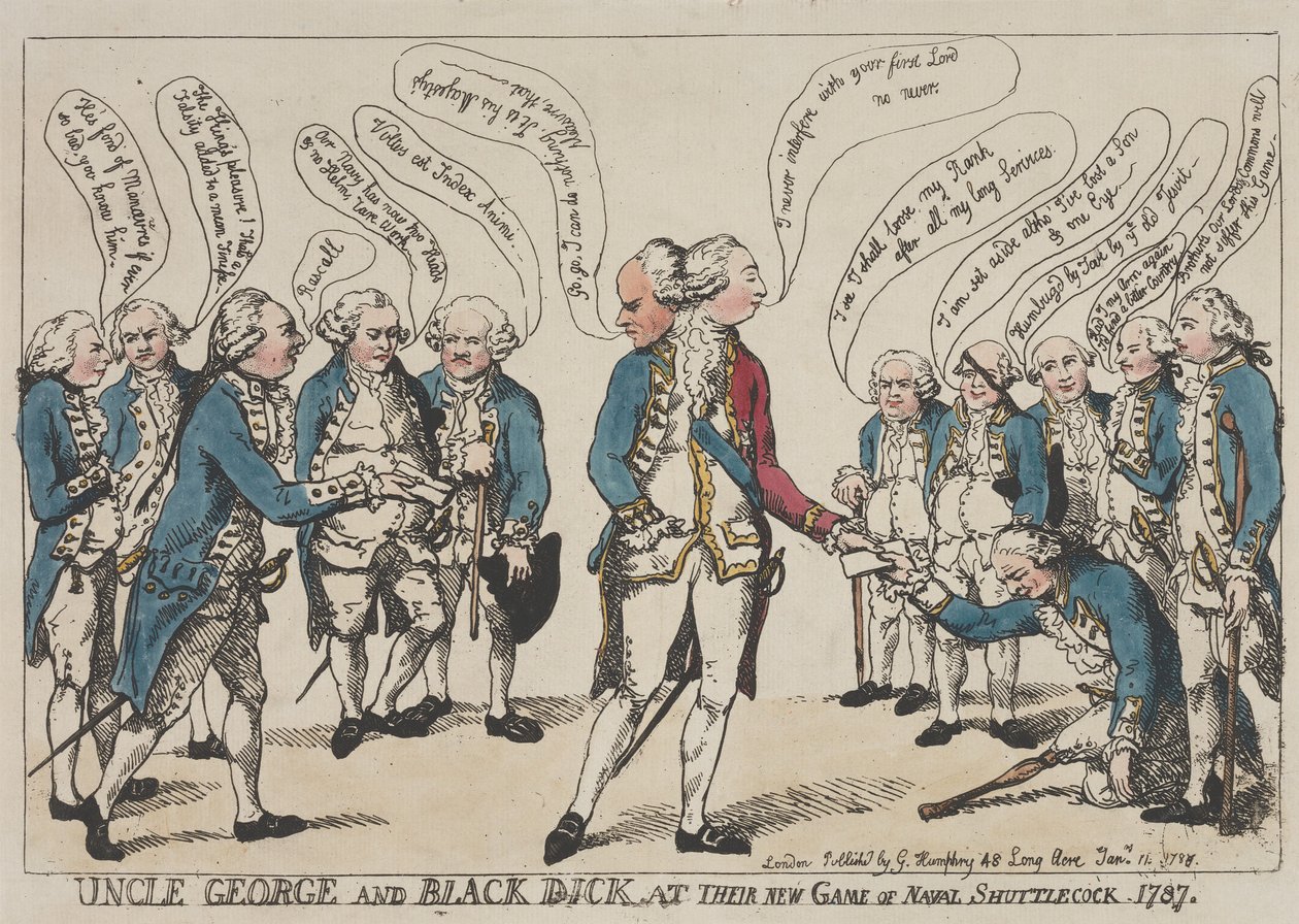 George-setä ja Black Dick uudessa ”Naval Shuttlecock” -pelissään tekijältä Thomas Rowlandson