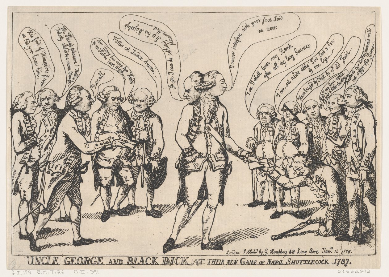 Setä George ja Black Dick New Game of Naval Shuttlecockissa 11. tammikuuta... 11. tammikuuta 1787. tekijältä Thomas Rowlandson