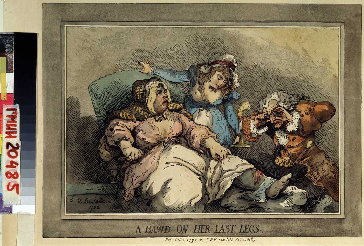 Bordellin omistaja viimeisellä jalallaan (A bowd on her last legs) Piirustus Thomas Rowlandson (1756-1827). Värisyövytys, 27,4 x 37 cm tekijältä Thomas Rowlandson