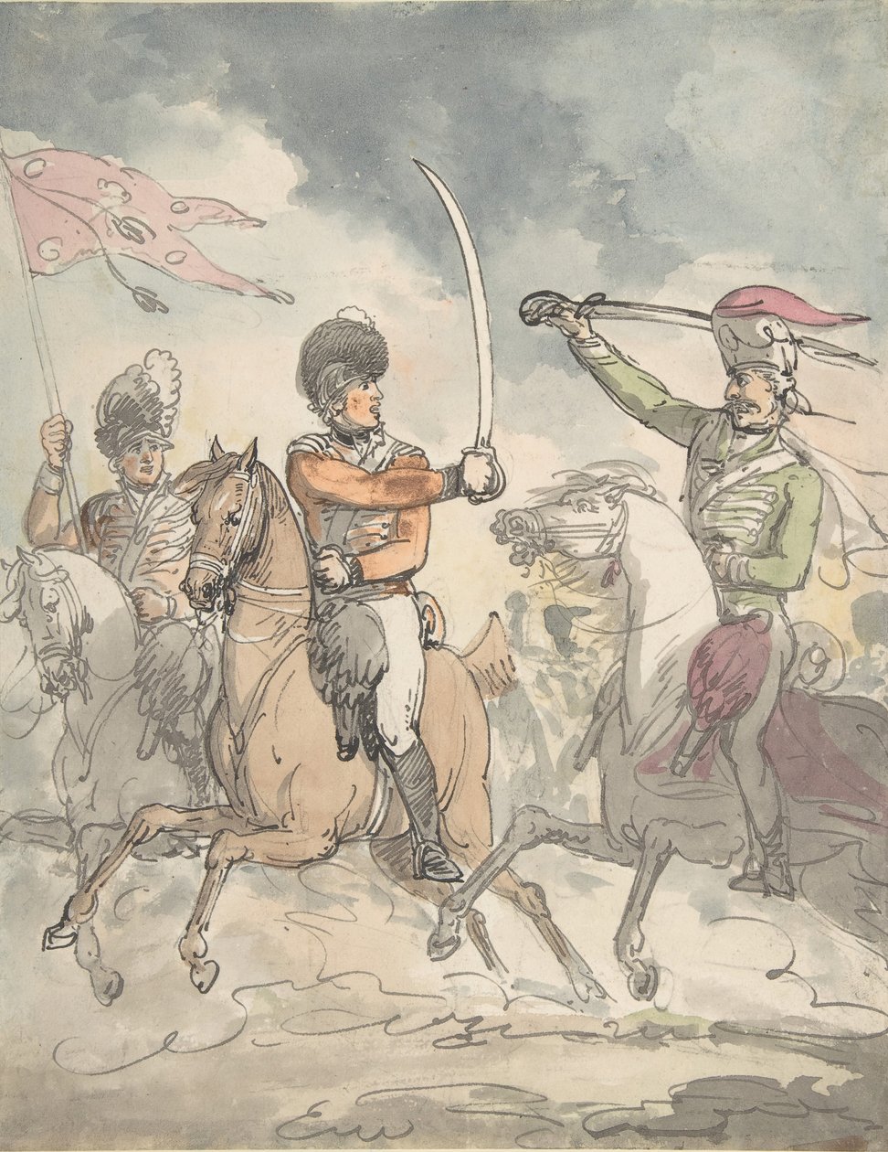 Käyttämätön tutkimus lautaselle Unkarin ja Highlandin laajamiekkaharjoitukseen 12. helmikuuta 1799, noin 1799. tekijältä Thomas Rowlandson.