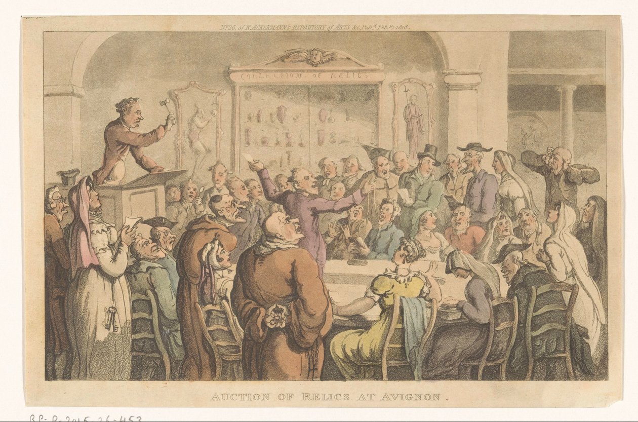 Veiling van relieken te Avignon Reliiktien huutokauppa Avignonissa (nimi esineessä) tekijältä Thomas Rowlandson