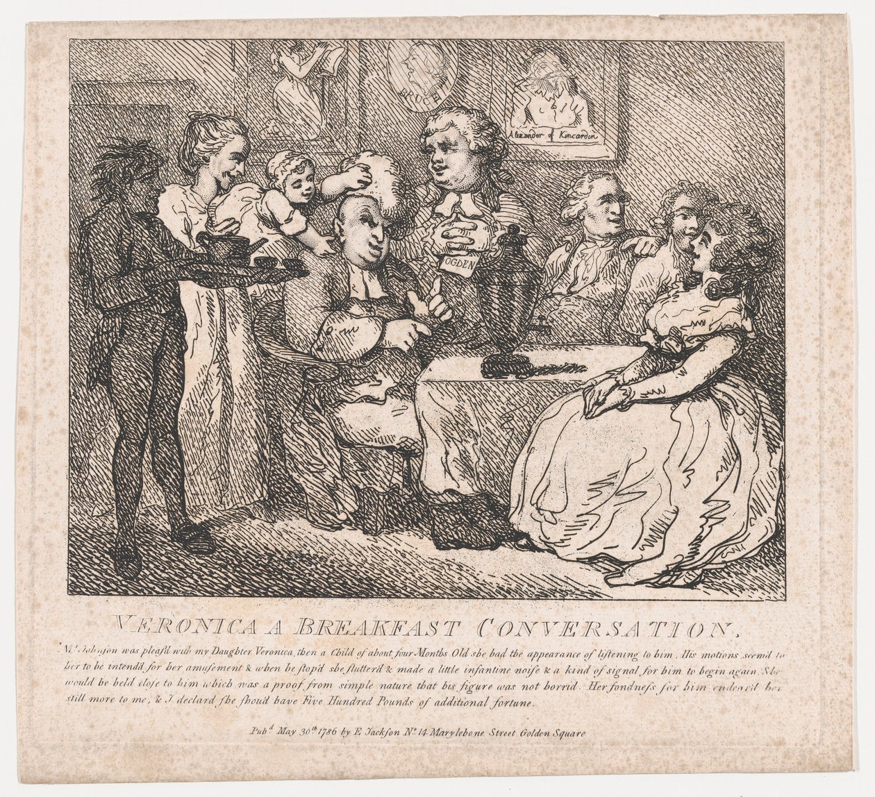 Veronica, Aamiaiskeskustelu Boswellin maalaukselliset kaunokaiset, Part the Firs..., 30. toukokuuta 1786. tekijältä Thomas Rowlandson