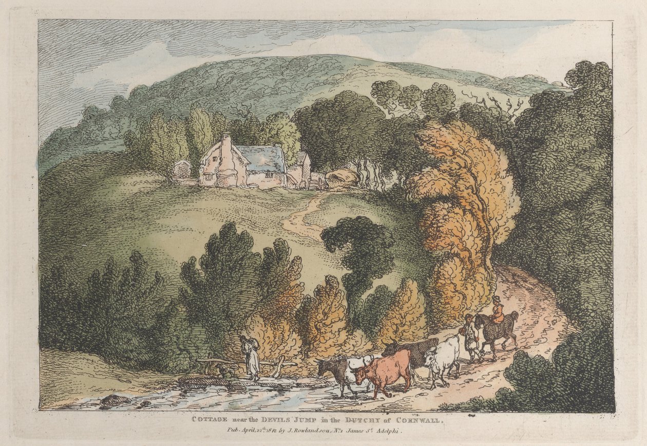 Näkymä St. Cuen kirkosta ja kylästä, Cornwall tekijältä Thomas Rowlandson