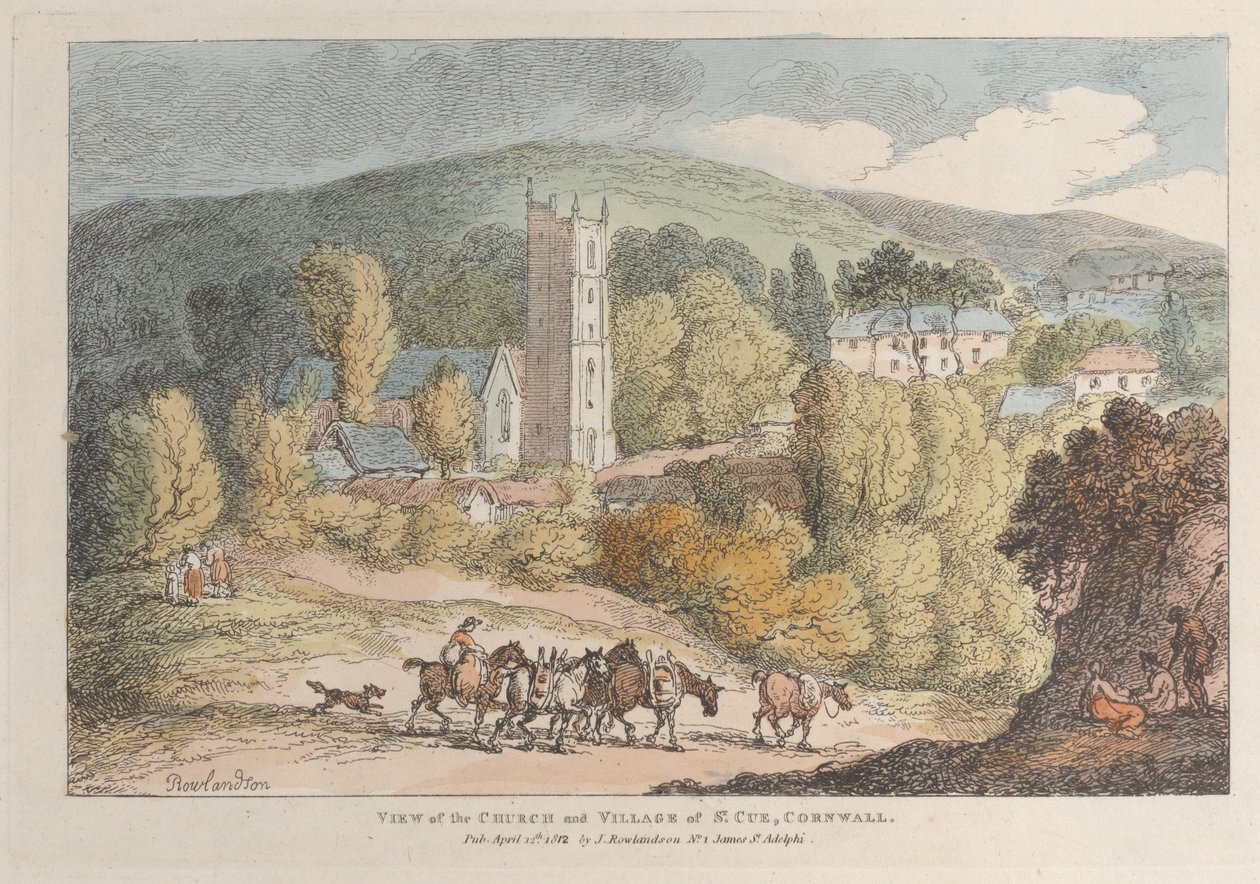 Näkymä St. Cuen kirkosta ja kylästä, Cornwall tekijältä Thomas Rowlandson