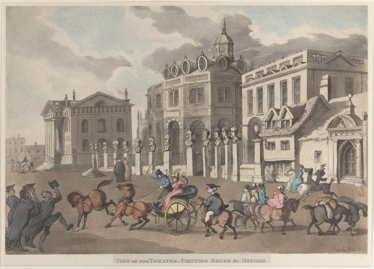 Näkymä teatterille, painotalolle jne. Oxford, 1810, 1810. tekijältä Thomas Rowlandson