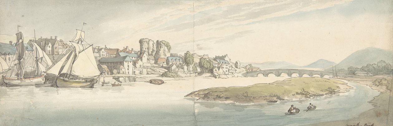 Näkymä kaupunkiin joen varrella Carwitham Castle, 1775-1827. tekijältä Thomas Rowlandson