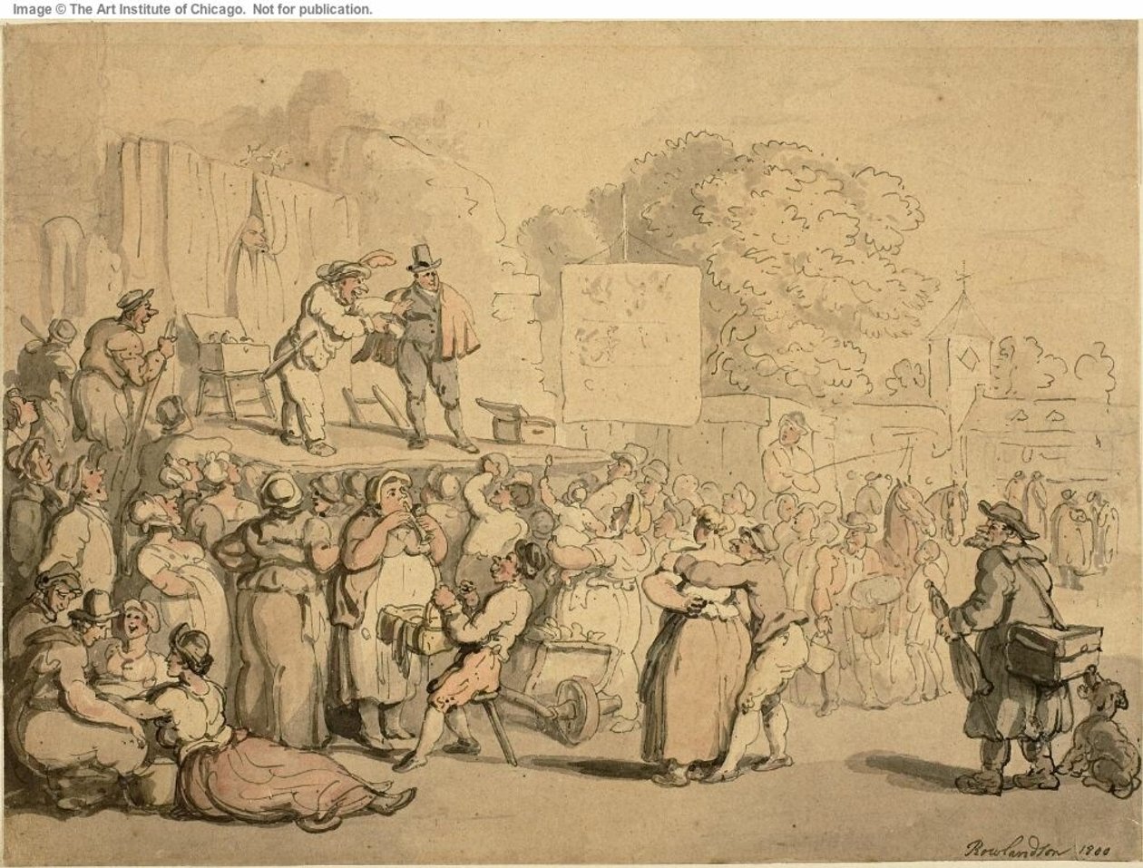 Kylämessut: Harlekiini ja Quack tekijältä Thomas Rowlandson