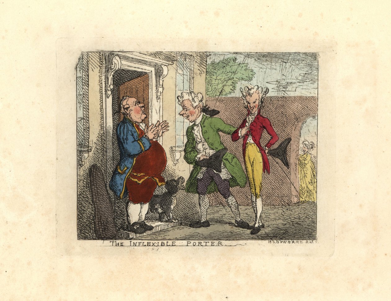 Vierailevat herrat kielsivät palvelijan pääsyn taloon. tekijältä Thomas Rowlandson