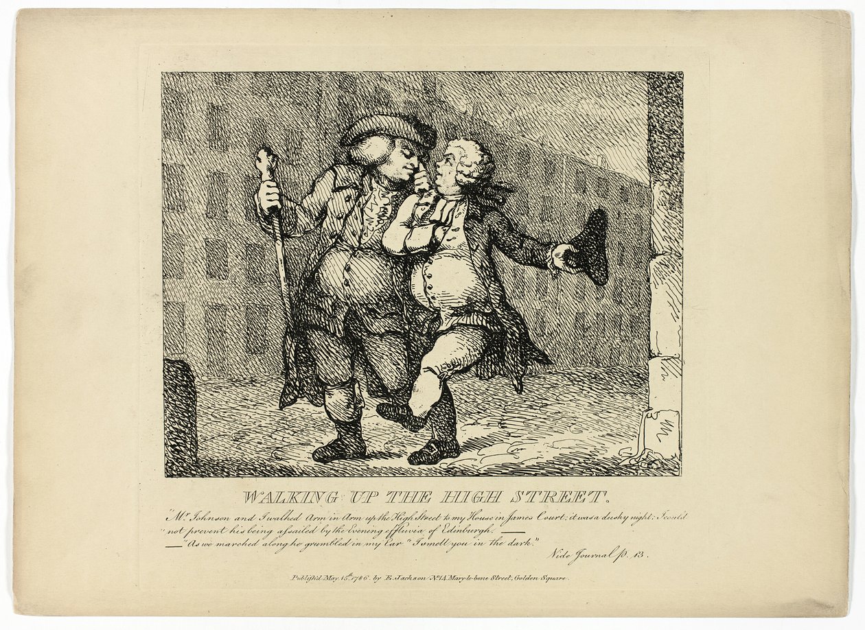 Kävely ylös High Streetille, Boswellin Hebridien kierroksesta. tekijältä Thomas Rowlandson