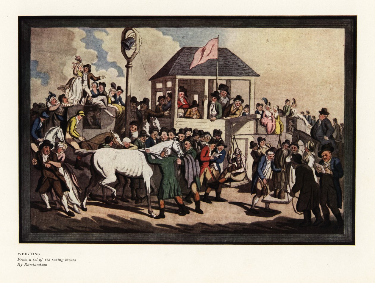 Jockeyn punnitseminen vaakasarjalla kilparadalla tekijältä Thomas Rowlandson