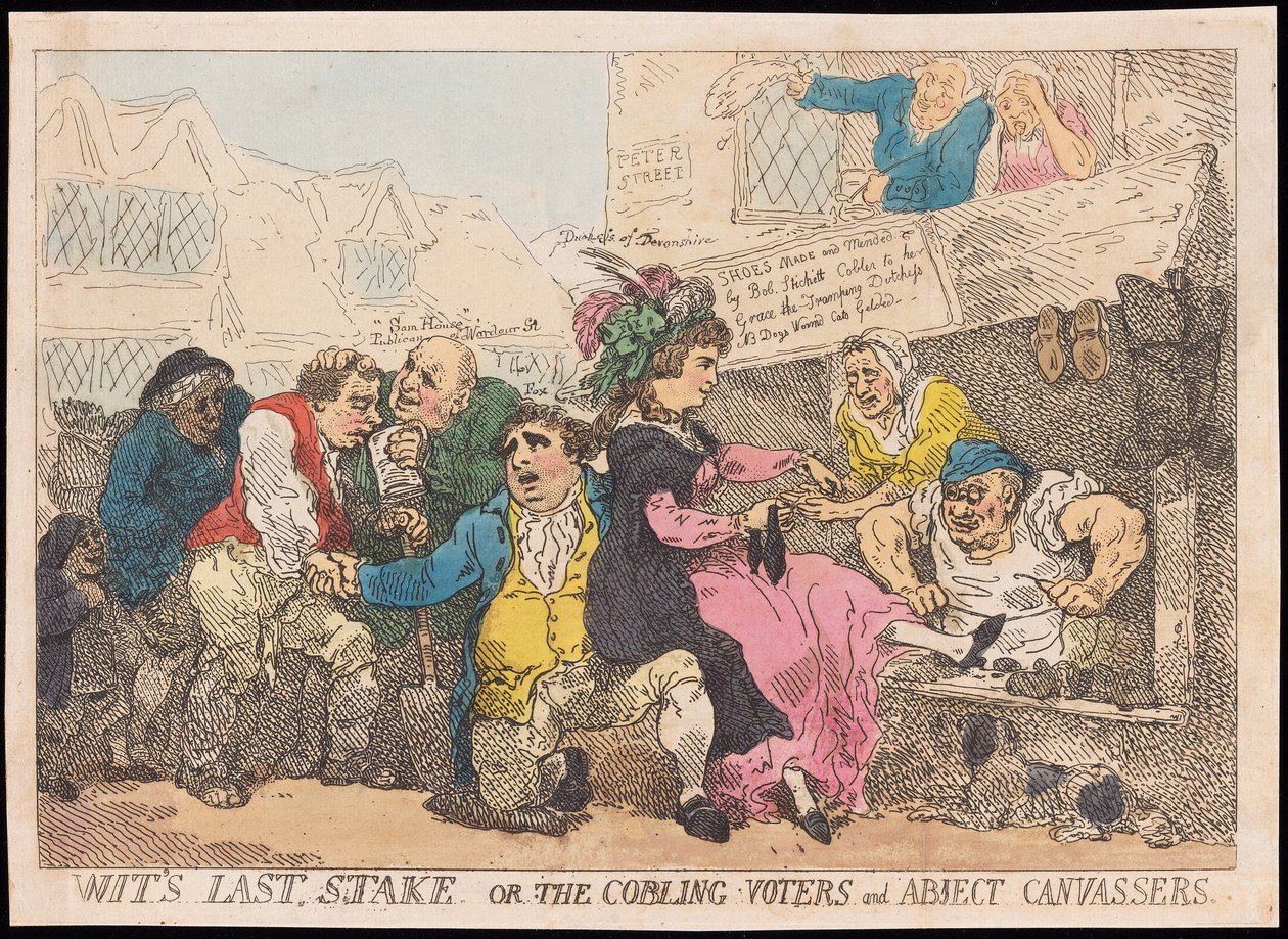 Wits Last Stake tai The Cobling Voters and Abject Canvassers, pubi. (käsinvärinen kaiverrus) tekijältä Thomas Rowlandson
