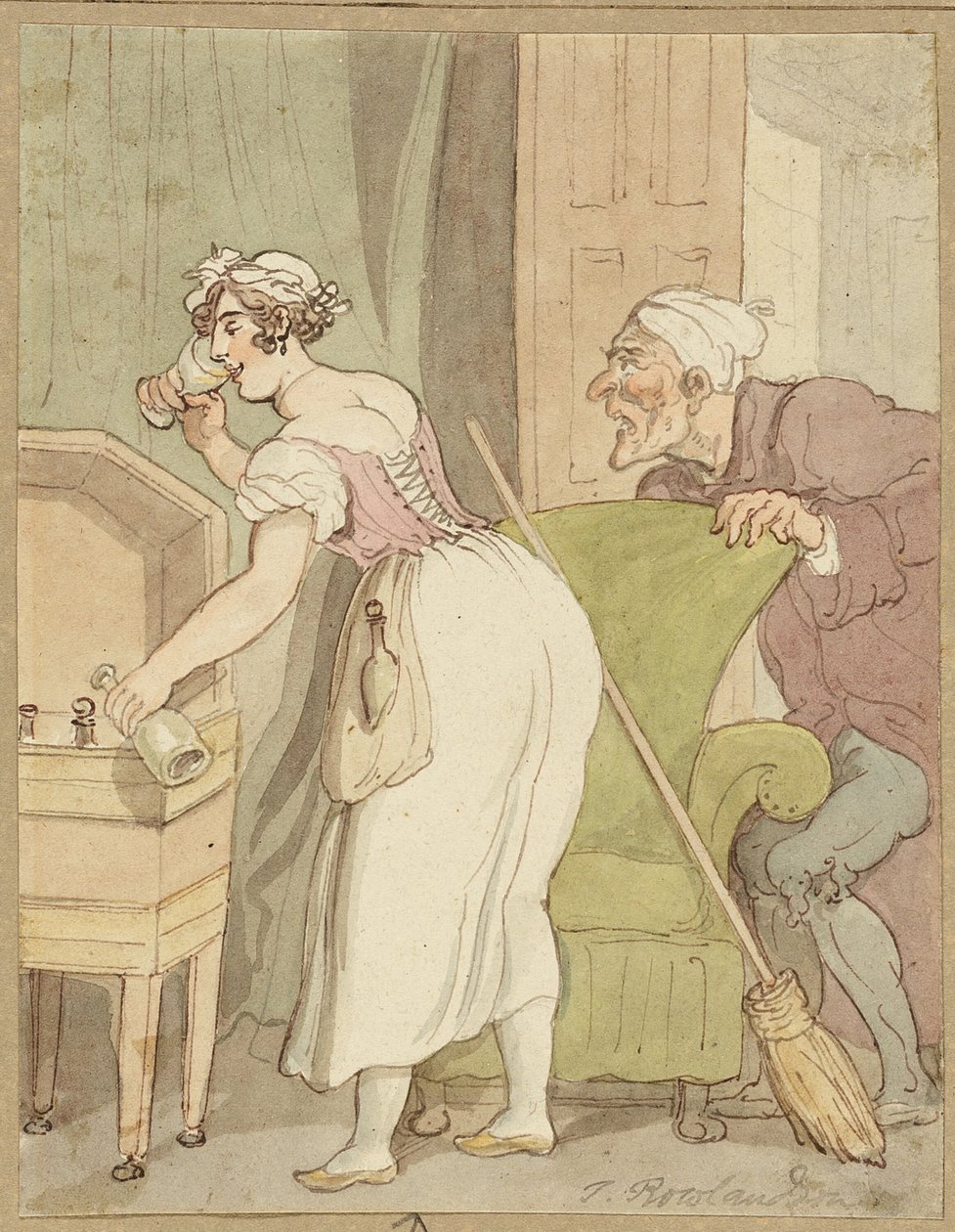 Nainen jäi kiinni varastamasta juomaa tekijältä Thomas Rowlandson