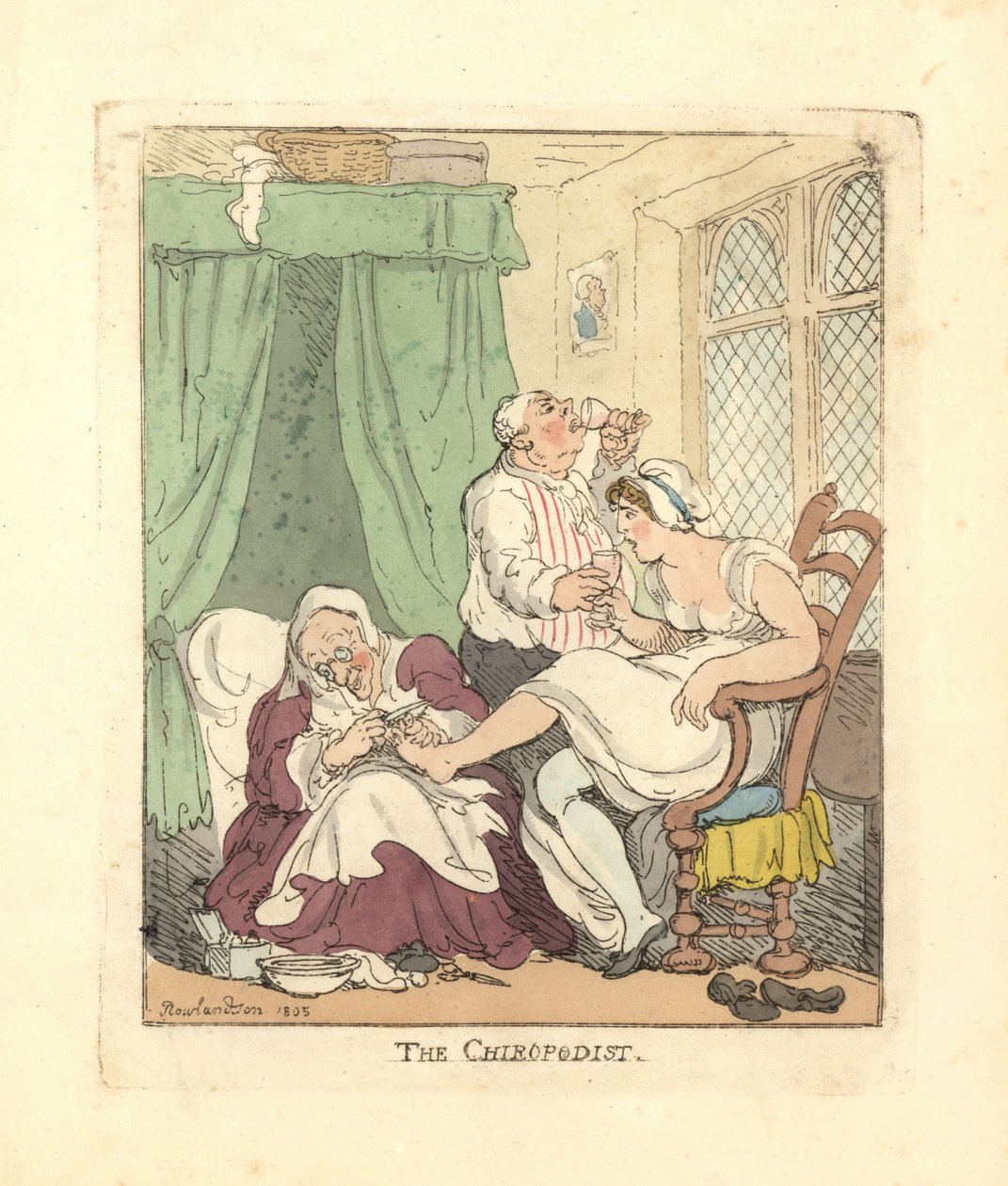 Nainen, joka hoitaa jalkojaan tuskallisesti kiropodistin toimesta. tekijältä Thomas Rowlandson