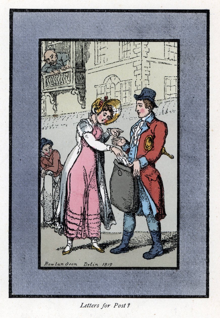 Nainen maksaa ja laittaa kirjeen Britannian kuninkaallisen postin työntekijän kantamaan pussiin. Puukaiverrus, joka perustuu Thomas Rowlandsonin (1756-1827) maalaukseen, julkaistu Lontoon kriisissä: kuudella viehättävällä lapsella ja lähes 40 kuvituksella, tekijältä Thomas Rowlandson
