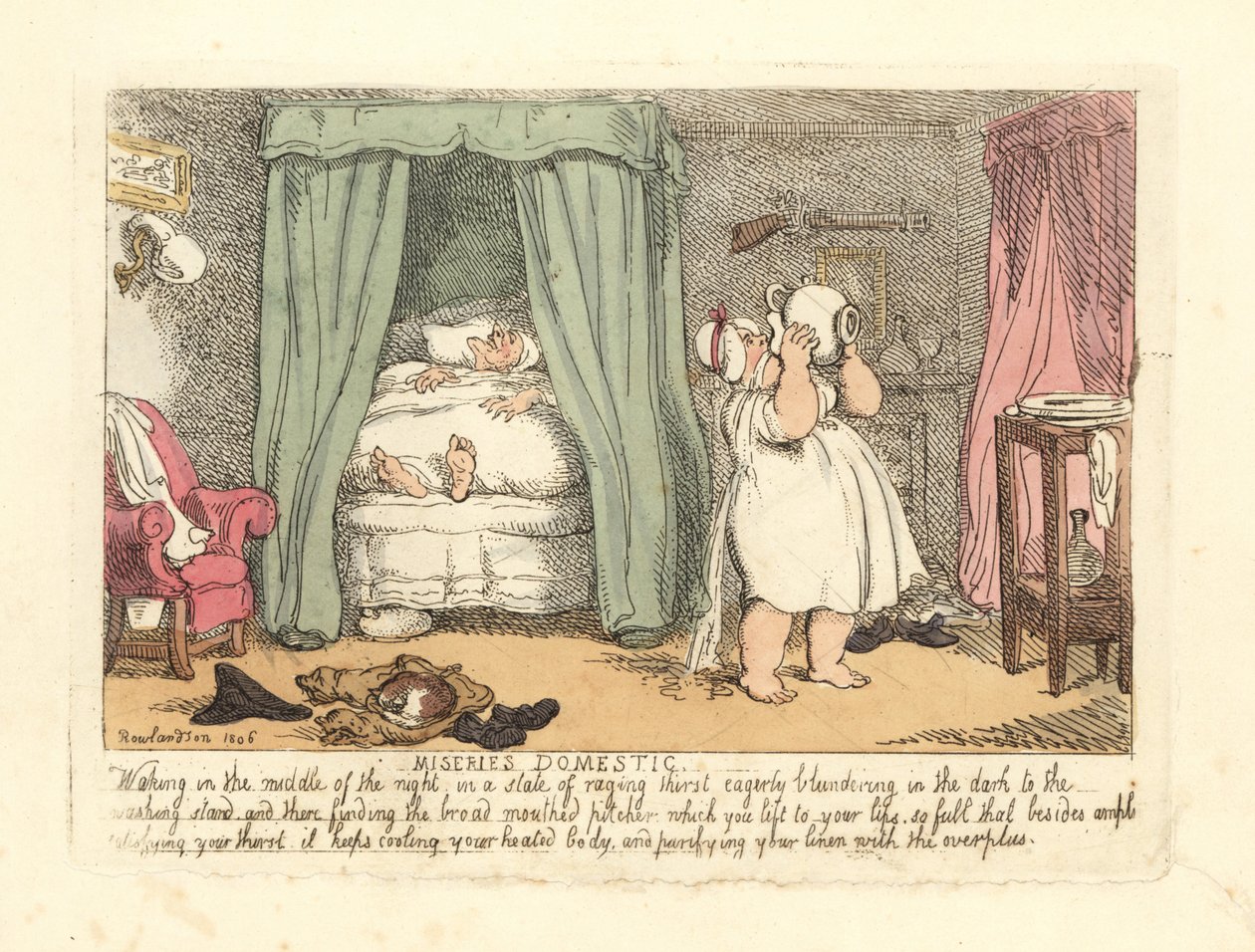 Nainen kaatoi kannun vettä päällensä yön aikana. tekijältä Thomas Rowlandson