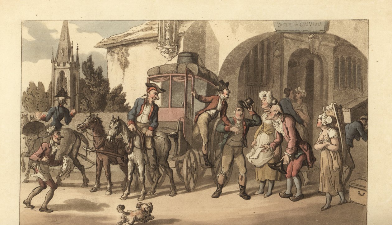 Nuori englantilainen herrasmies saapumassa ranskalaiseen postitaloon tekijältä Thomas Rowlandson