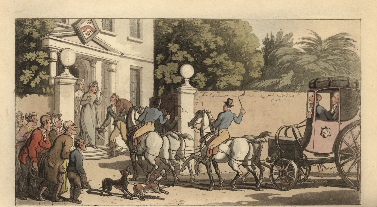 Nuori englantilainen herrasmies saapumassa kotiin Grand Tourin jälkeen tekijältä Thomas Rowlandson