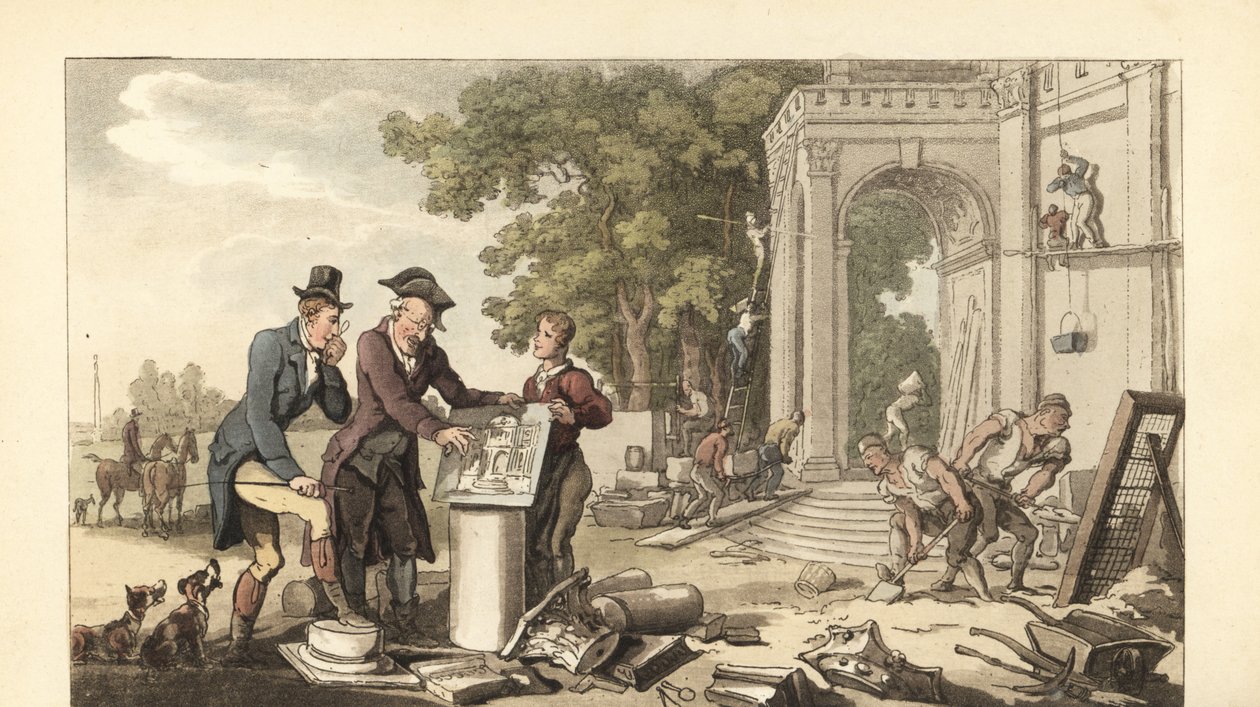 Nuori englantilainen herrasmies rakentamassa komeaa kotia tekijältä Thomas Rowlandson