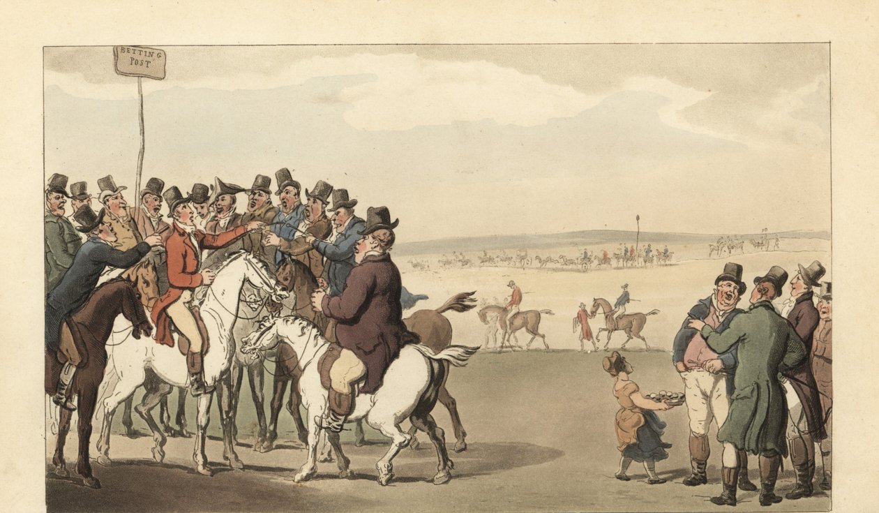 Nuori englantilainen herrasmies pelaa uhkapelejä Newmarketin kilparadalla tekijältä Thomas Rowlandson