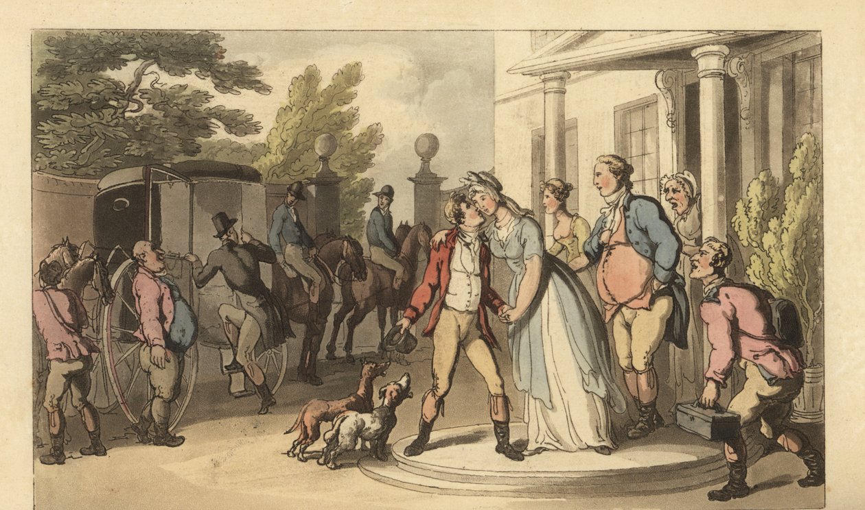 Nuori englantilainen herrasmies jättää perheensä Grand Tourille tekijältä Thomas Rowlandson