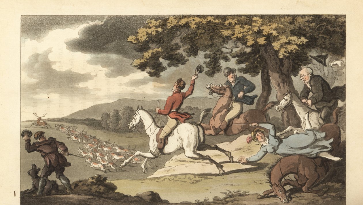 Nuori englantilainen herrasmies ratsastaa koirien kanssa polttarit tekijältä Thomas Rowlandson