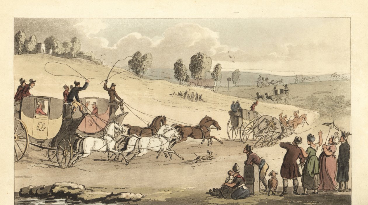 Nuoret englantilaiset herrat kilpailevat neljän hevoskärryillä tiellä tekijältä Thomas Rowlandson