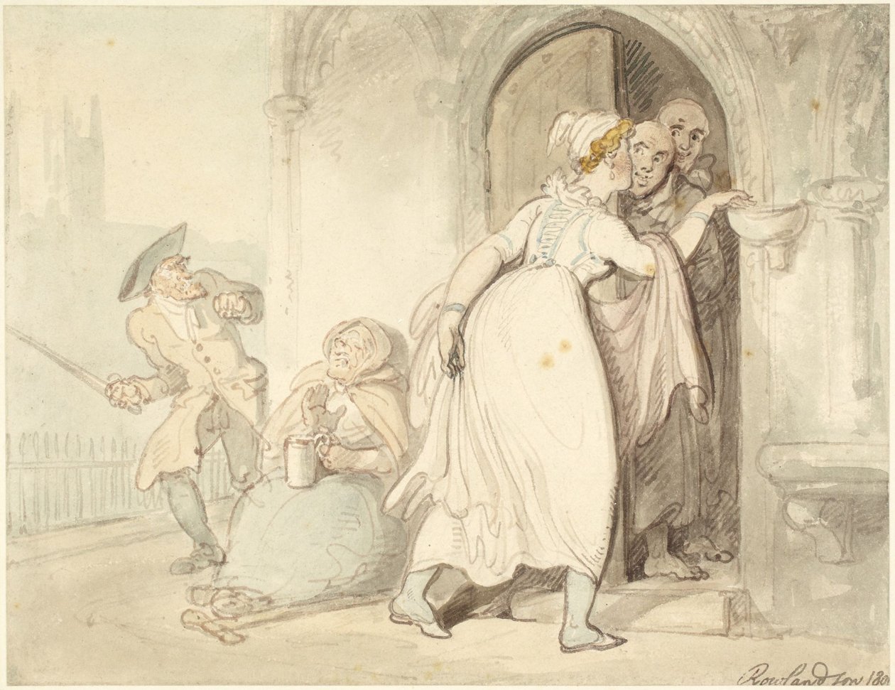 Nuori nainen kirkon ovella tai ripittäytymässä tekijältä Thomas Rowlandson