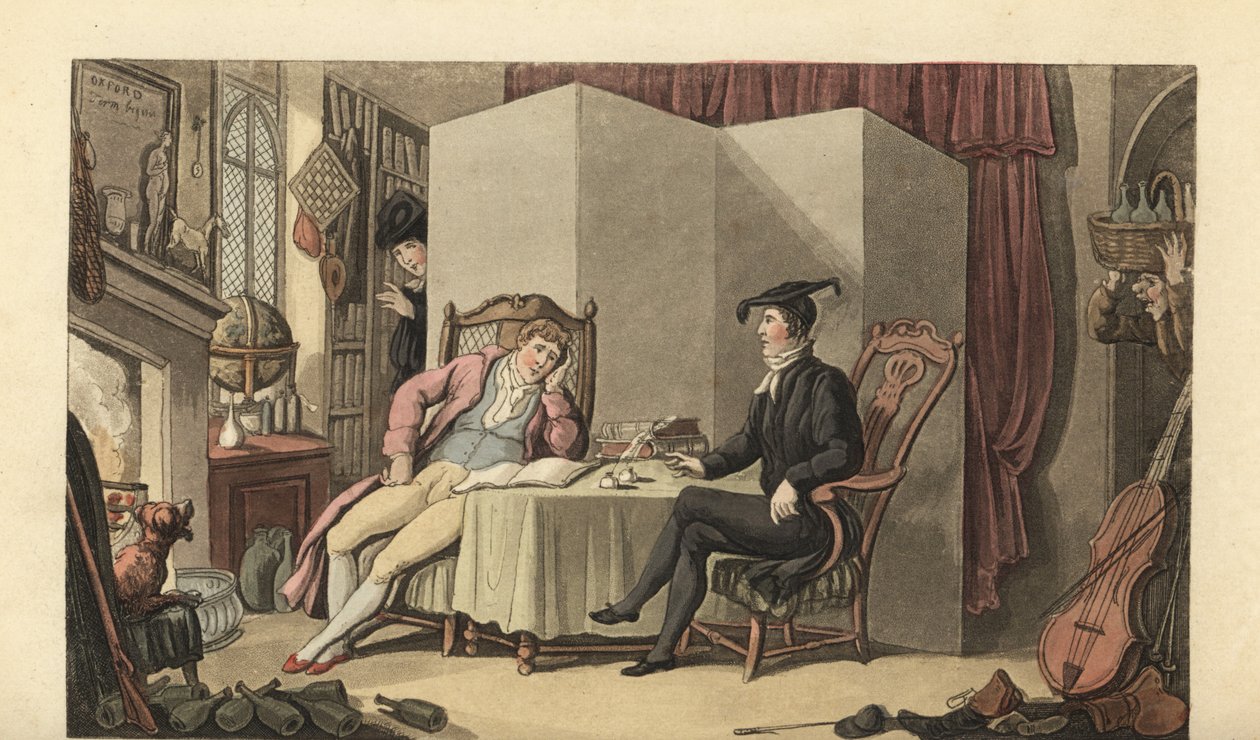 Nuori herrasmies huoneissaan yliopistossa tekijältä Thomas Rowlandson