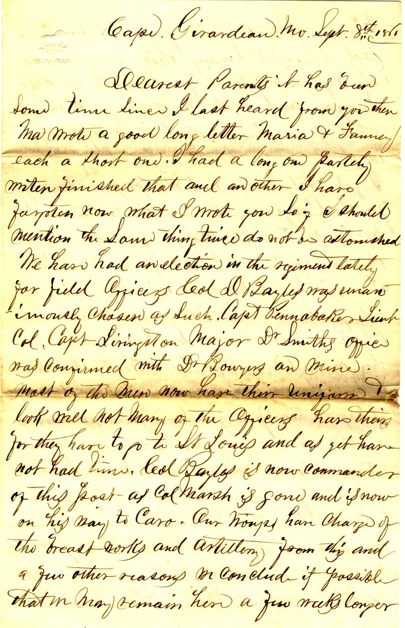 Kirje allekirjoitettu T.S. Hawley, Cape Girardeau, Missouri, vanhemmille 8. syyskuuta 1861 tekijältä Thomas S. Hawley