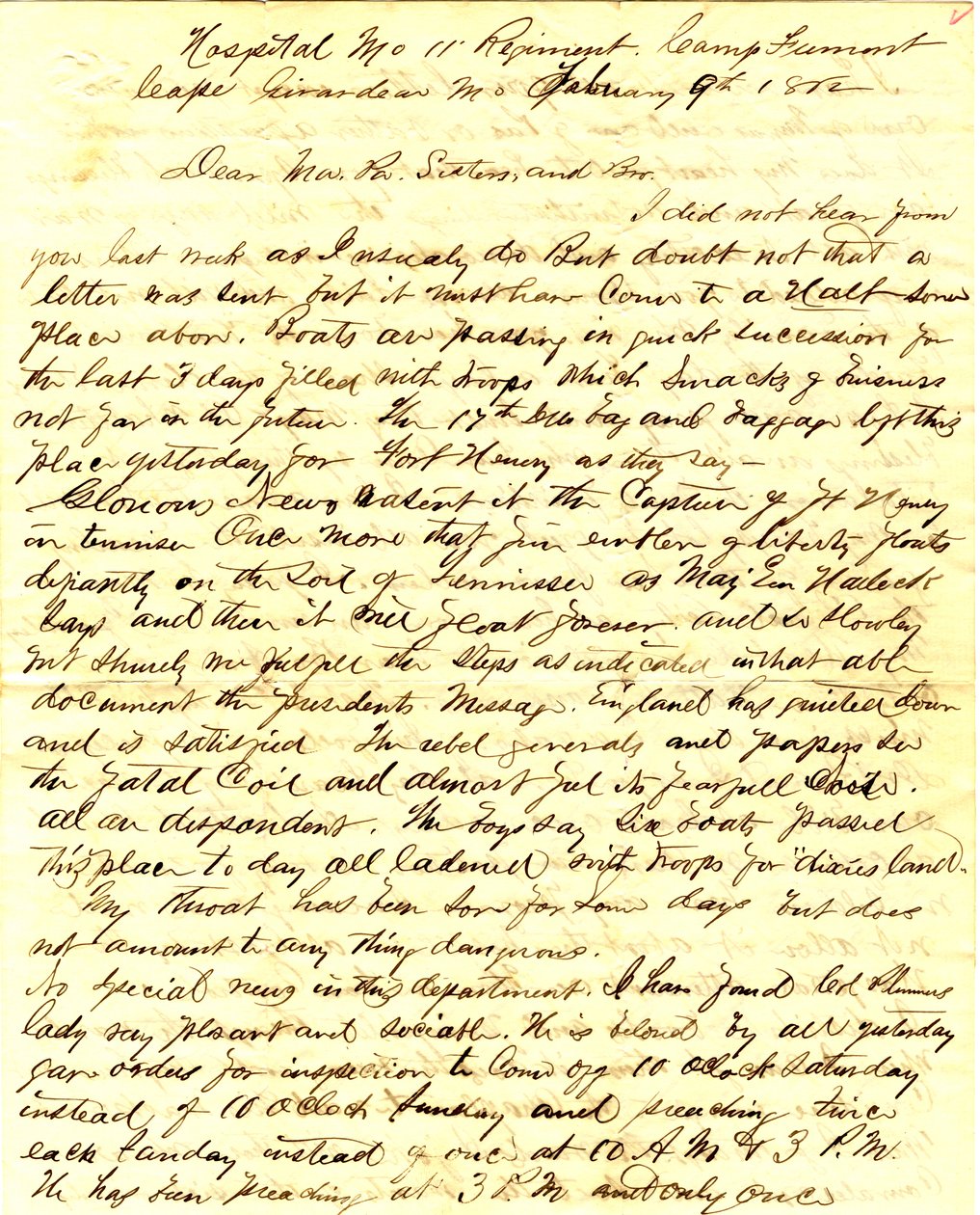 Kirje allekirjoitettu T.S. Hawley, sairaalan 11. Missourin jalkaväki, Camp Fremont, Cape Girardeau, perheelle, 9. helmikuuta 1862 tekijältä Thomas S. Hawley
