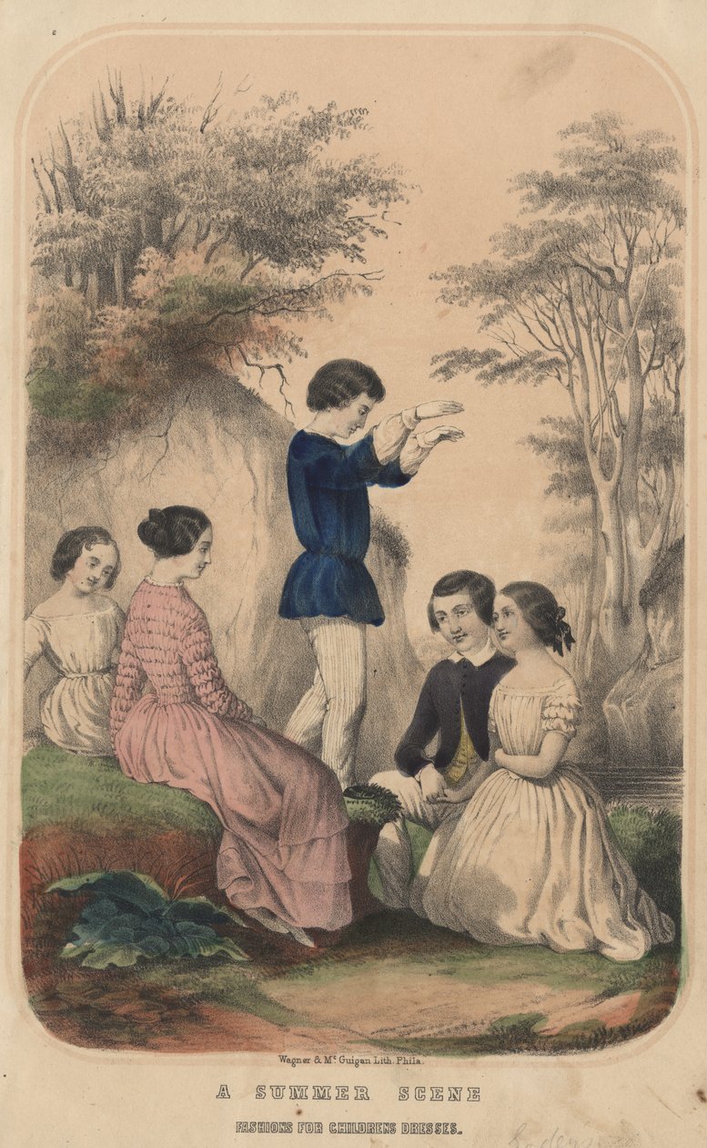 Kesäkohtaus, Lastenpukujen muoti, Wagner und McGuiganin litho, 1850 tekijältä Thomas S. Wagner