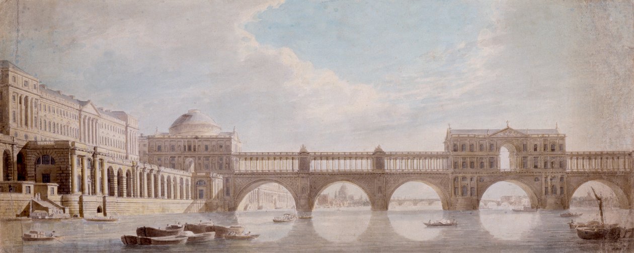 Ehdotettu suunnittelu sillalle Thames-joen yli Somerset Housessa tekijältä Thomas Sandby