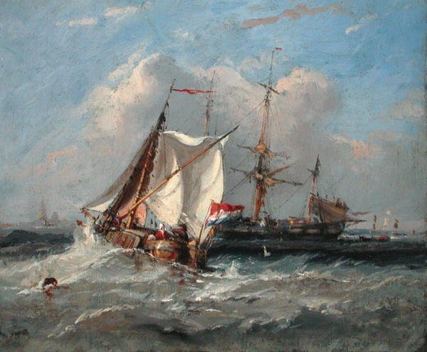 Hollantilainen Smalschip vahvassa tuulessa (öljyä aluksella) tekijältä Thomas Sewell Robins
