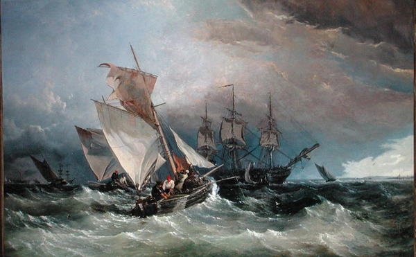 Katkarapuleikkurit Noresta, Sheerness in the Distance, n. 1854 (öljy kankaalle) tekijältä Thomas Sewell Robins