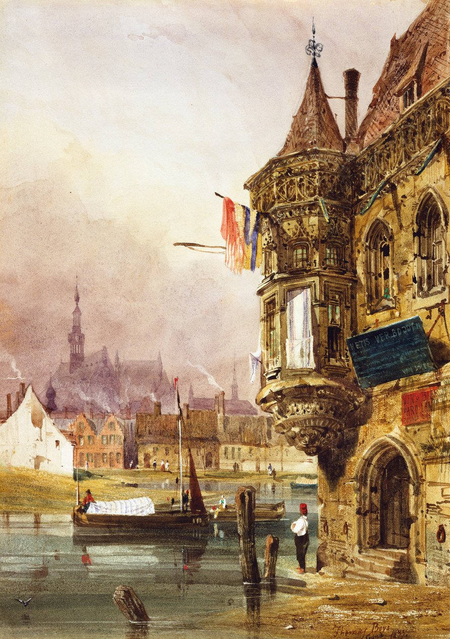 Hahmo rakennuksen vieressä, Gent, proomujen kanssa Leye-joella, 1833 tekijältä Thomas Shotter Boys
