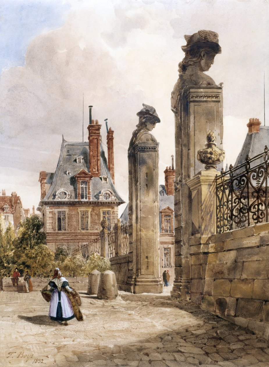 Grille Des Hermès, Porte Dauphine, Fontainebleaun palatsi (akvarelli arabikumia valkoisella paperilla) tekijältä Thomas Shotter Boys