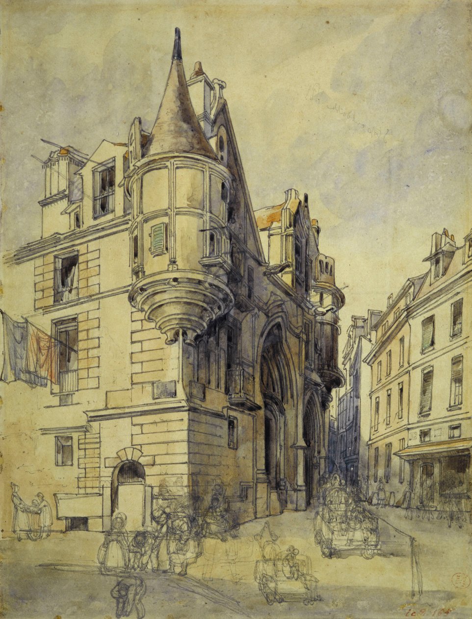 Hotel de Sens, rue du Figuier, n. 1833 (lyijykynä ja akvarelli) tekijältä Thomas Shotter Boys