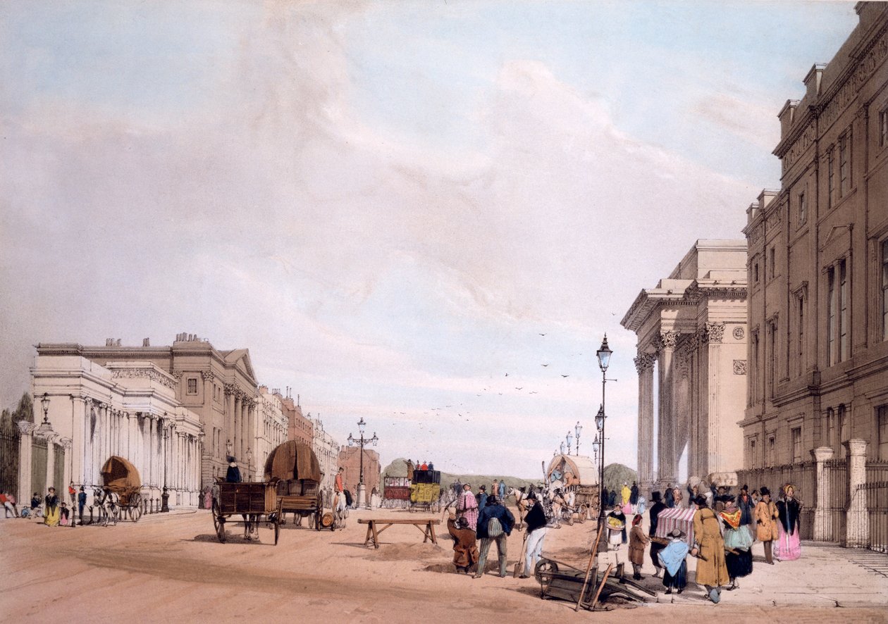Hyde Park Corner, joka katsoo alas Piccadillylle, vuodelta 1842 Lontoosta sellaisena kuin se on piirretty luonnosta tekijältä Thomas Shotter Boys