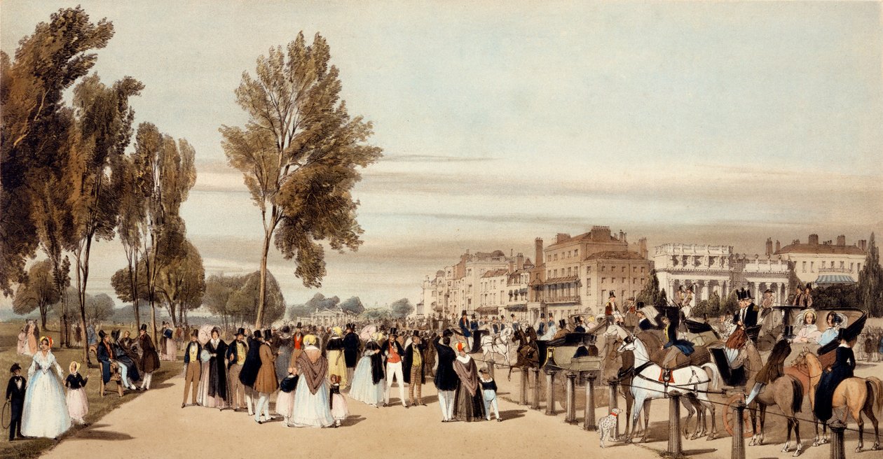 Hyde Park, kohti Grosvenor Gatea "Lontoosta sellaisena kuin se on piirretty luonnosta", 1842 tekijältä Thomas Shotter Boys