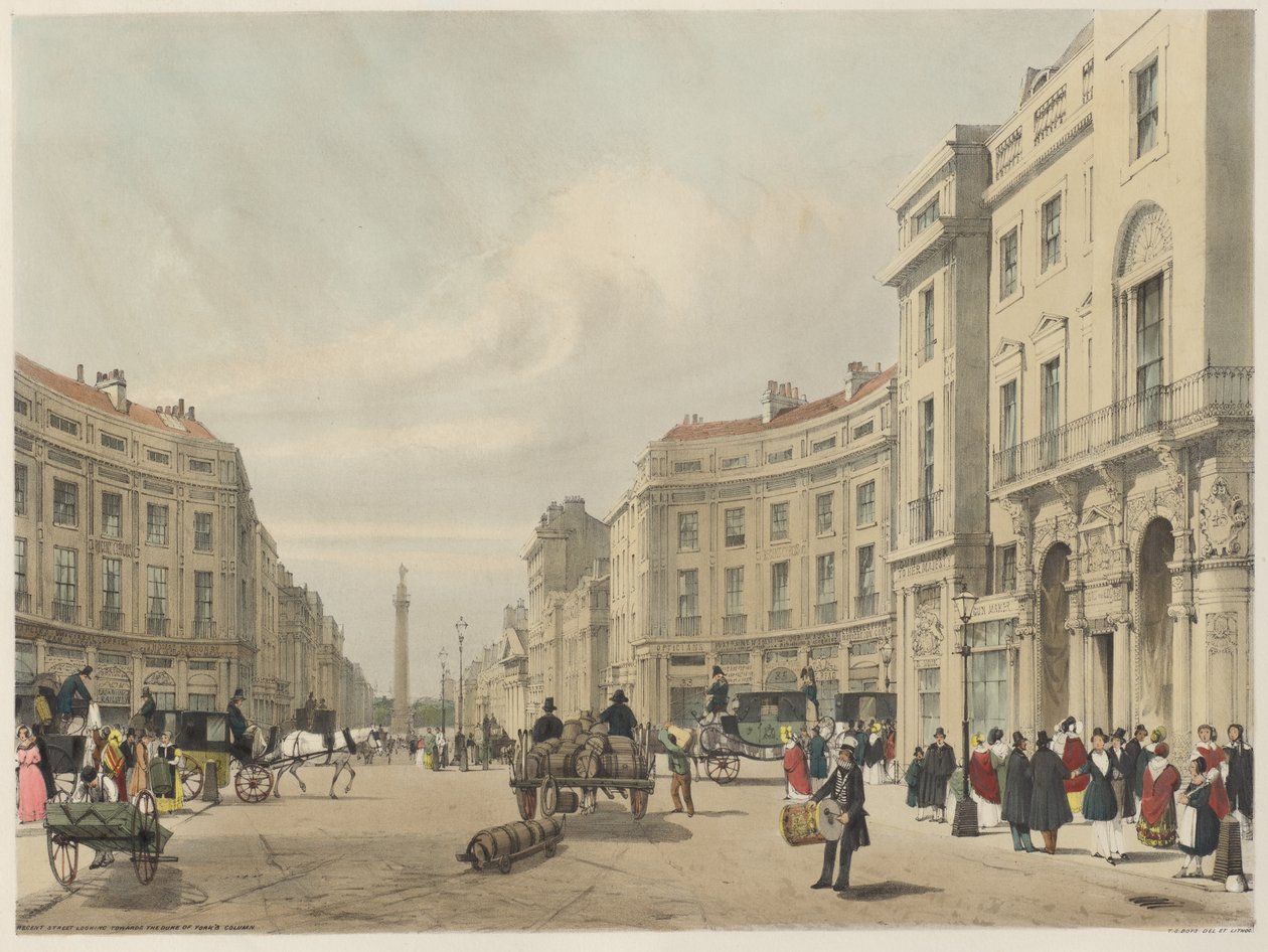 Lontoo sellaisena kuin se on: Regent Street, katsot kohti Duke of Yorkin pylvästä tekijältä Thomas Shotter Boys