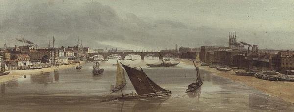 London Bridge Southwark Bridgeltä (monumentti vasemmalla) tekijältä Thomas Shotter Boys