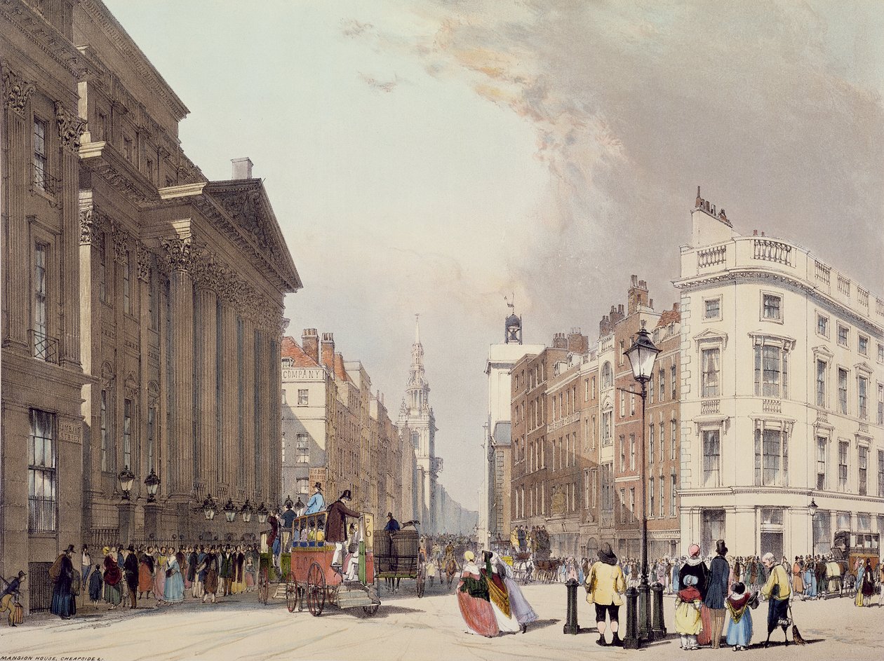Mansion House and Cheapside, "London As It Is", kaiverrettu ja pubi. taiteilija, 1842 tekijältä Thomas Shotter Boys